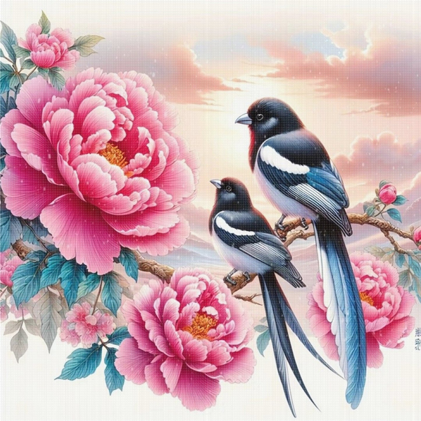 Magpie And Peony - Full 11CT Stamped Cross Stitch 40x40CM - Huacan