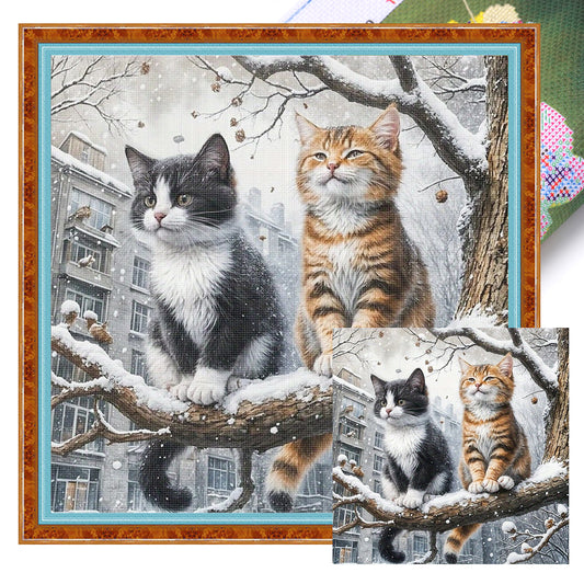 Cat On Winter Branch - Full 11CT Stamped Cross Stitch 40x40CM - Huacan