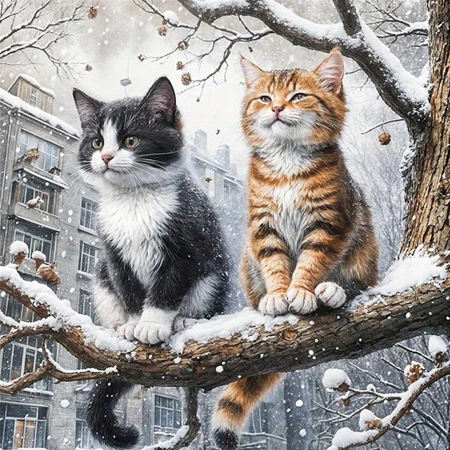 Cat On Winter Branch - Full 11CT Stamped Cross Stitch 40x40CM - Huacan