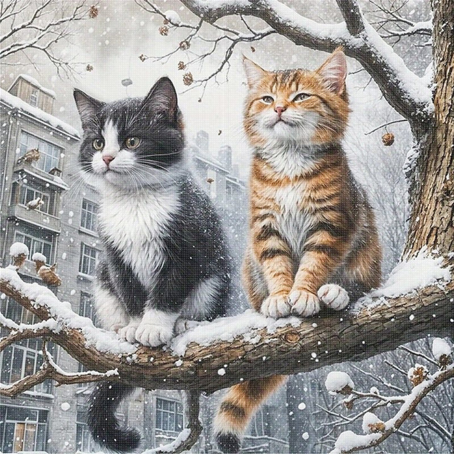 Cat On Winter Branch - Full 11CT Stamped Cross Stitch 40x40CM - Huacan