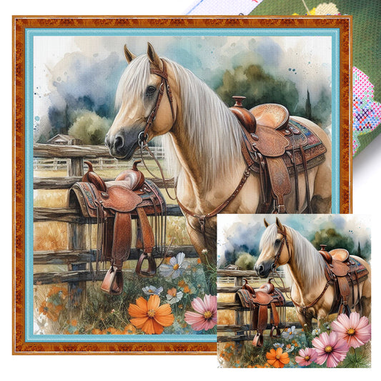 Horse And Saddle - Full 11CT Stamped Cross Stitch 40x40CM - Huacan