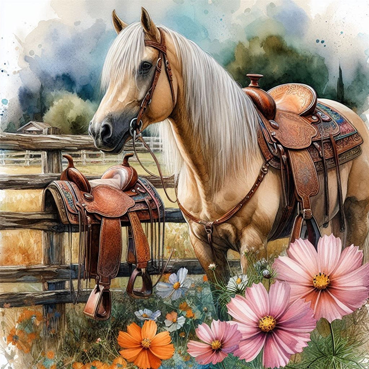 Horse And Saddle - Full 11CT Stamped Cross Stitch 40x40CM - Huacan