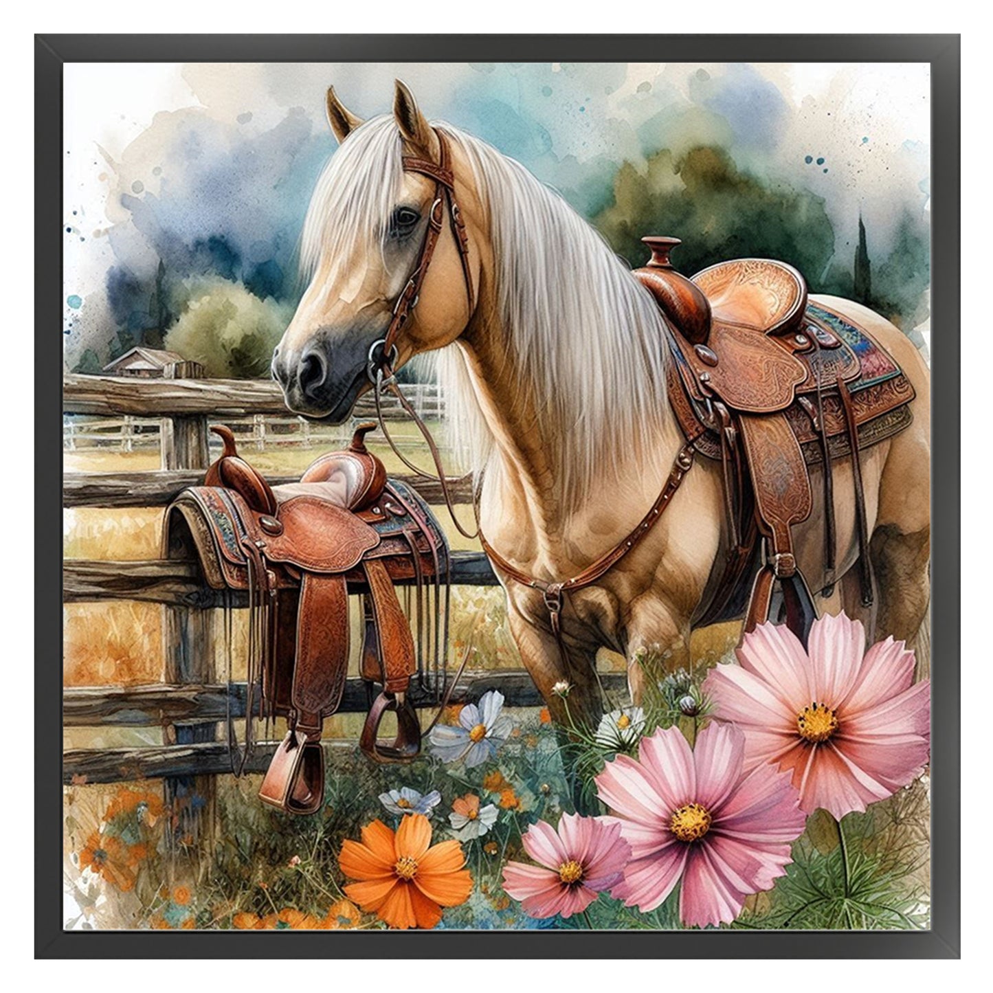 Horse And Saddle - Full 11CT Stamped Cross Stitch 40x40CM - Huacan