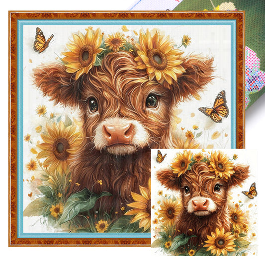 Sunflower Yak - Full 11CT Stamped Cross Stitch 40x40CM - Huacan
