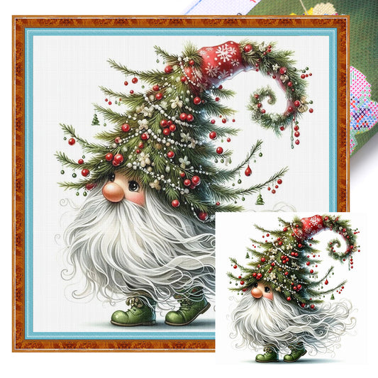 Gnome With Christmas Tree - Full 11CT Stamped Cross Stitch 45x45CM - Huacan