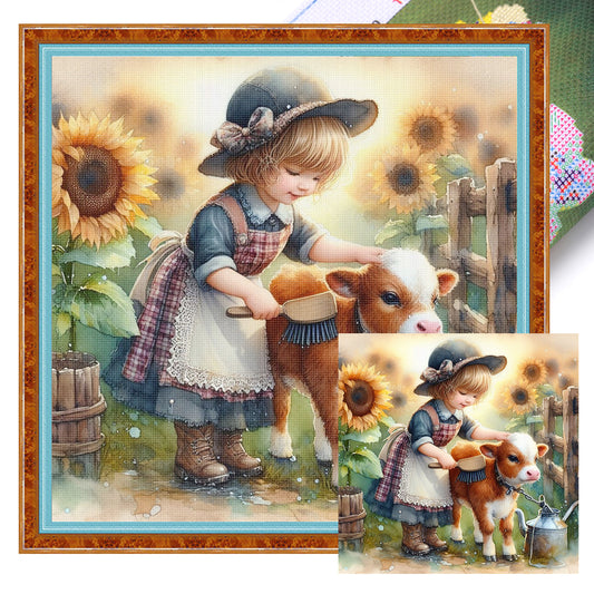 Girl And Ox - Full 11CT Stamped Cross Stitch 40x40CM - Huacan