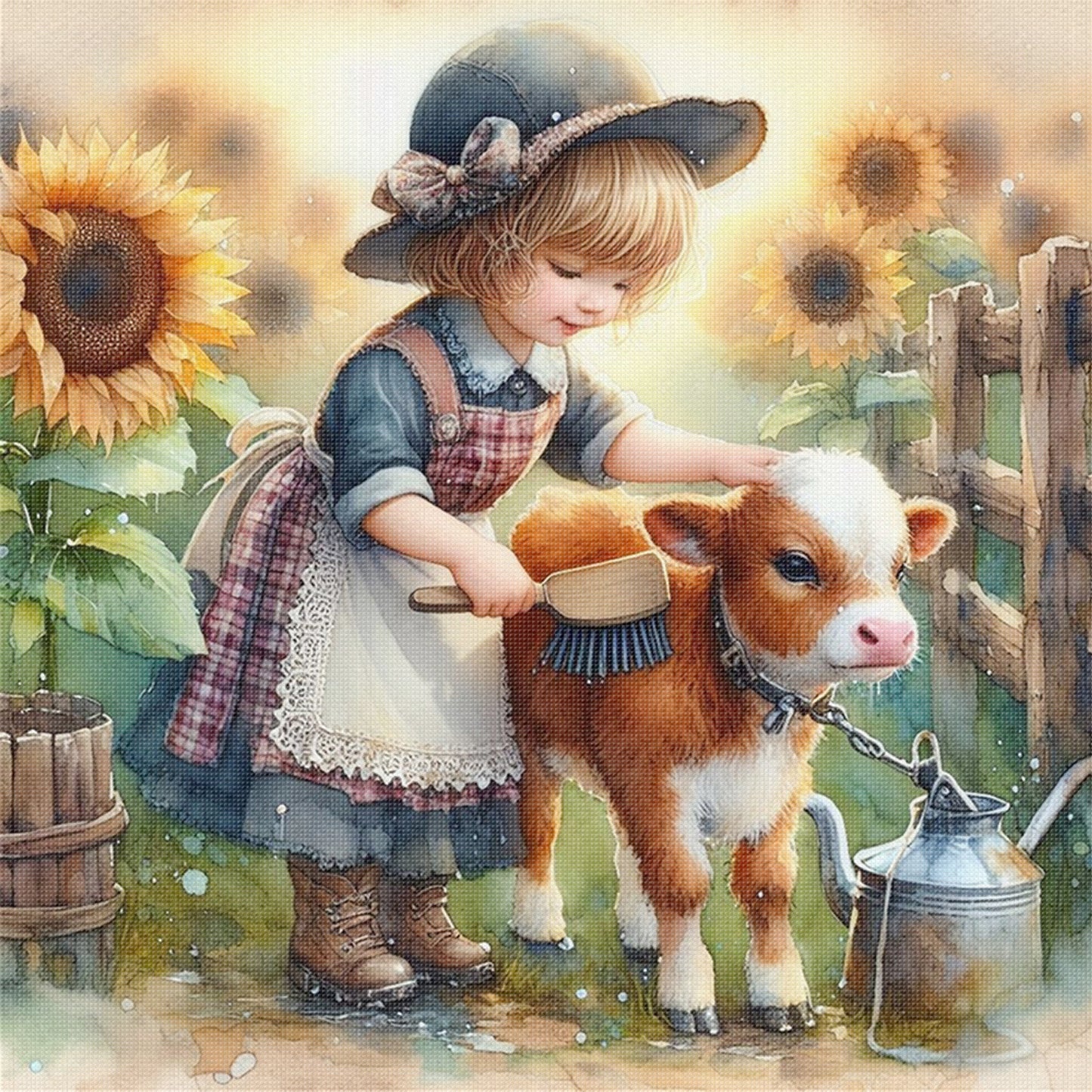 Girl And Ox - Full 11CT Stamped Cross Stitch 40x40CM - Huacan