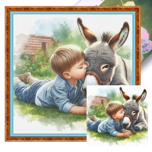 Boy And Donkey - Full 11CT Stamped Cross Stitch 40x40CM - Huacan