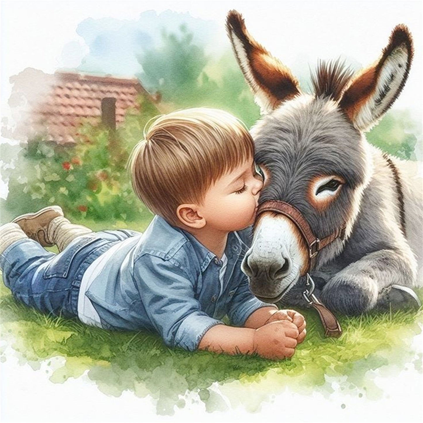 Boy And Donkey - Full 11CT Stamped Cross Stitch 40x40CM - Huacan