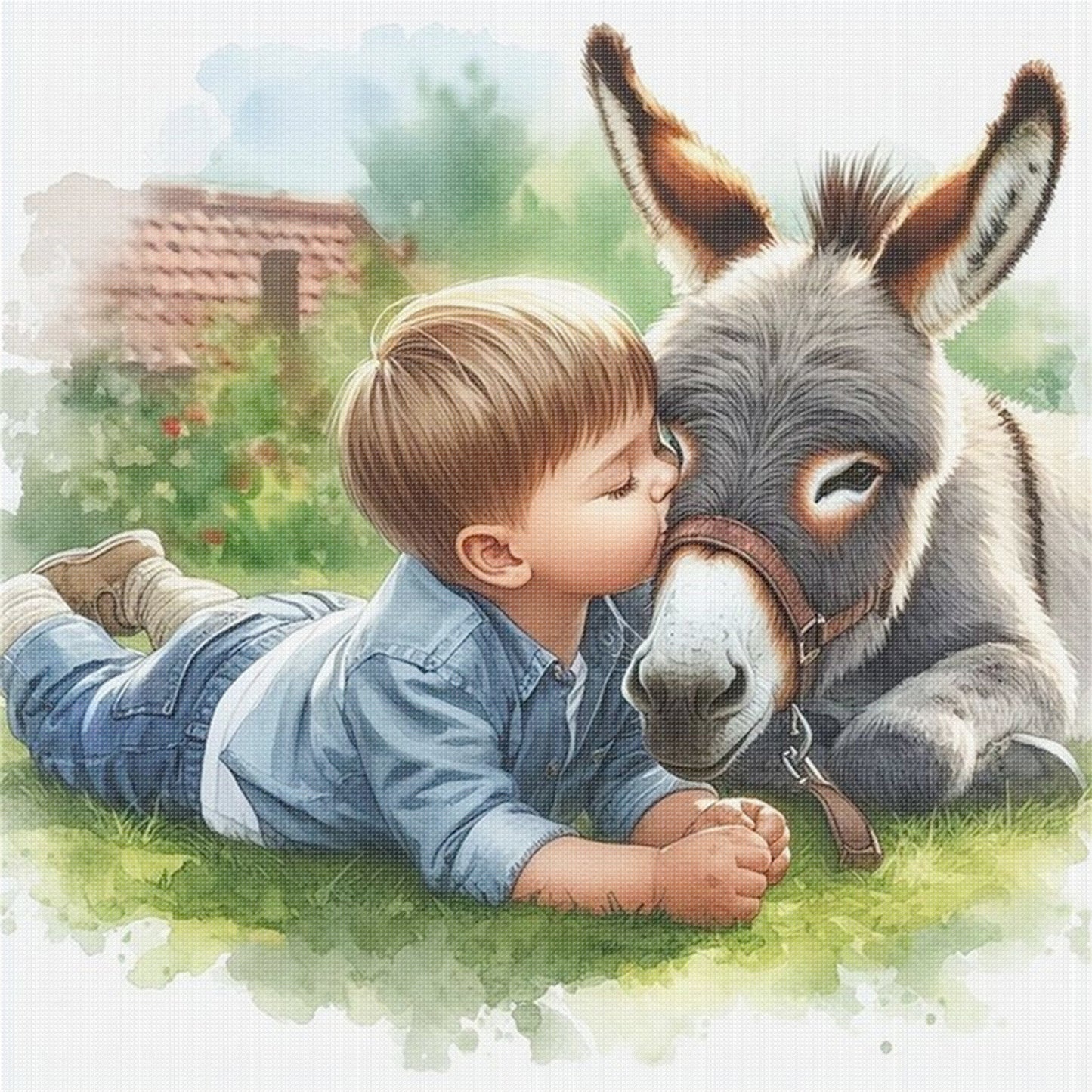 Boy And Donkey - Full 11CT Stamped Cross Stitch 40x40CM - Huacan