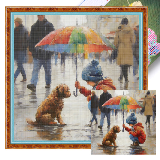 Boy And Dog - Full 11CT Stamped Cross Stitch 40x40CM - Huacan