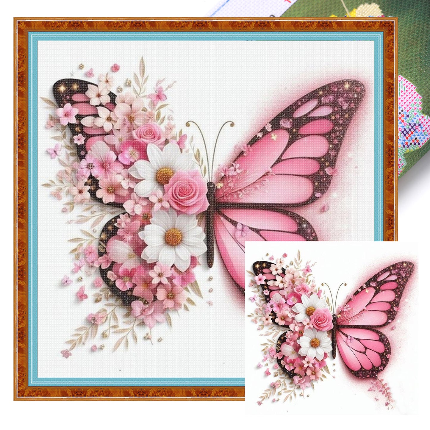 Pink Flower & Butterfly - Full 11CT Stamped Cross Stitch 45x45CM - Huacan