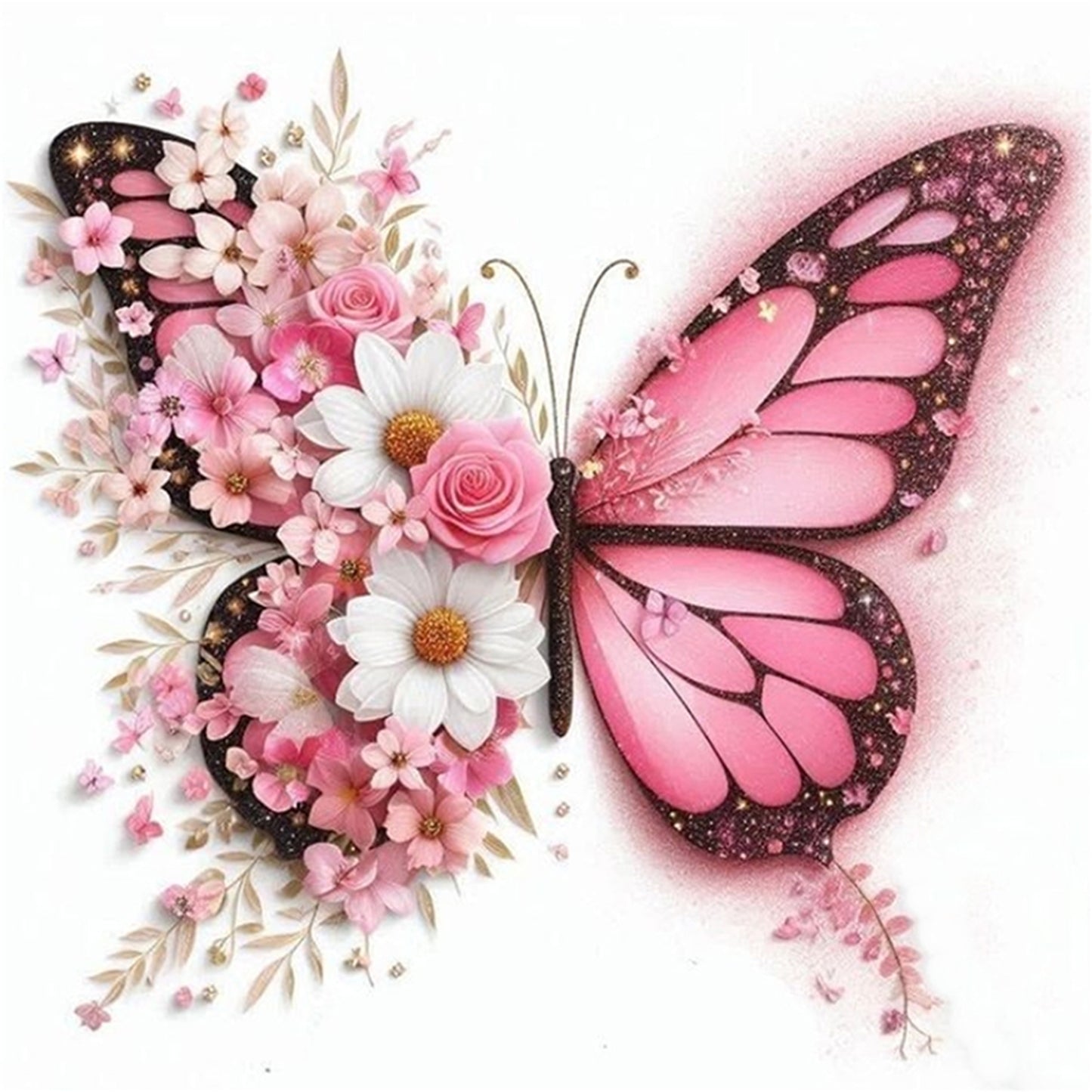 Pink Flower & Butterfly - Full 11CT Stamped Cross Stitch 45x45CM - Huacan