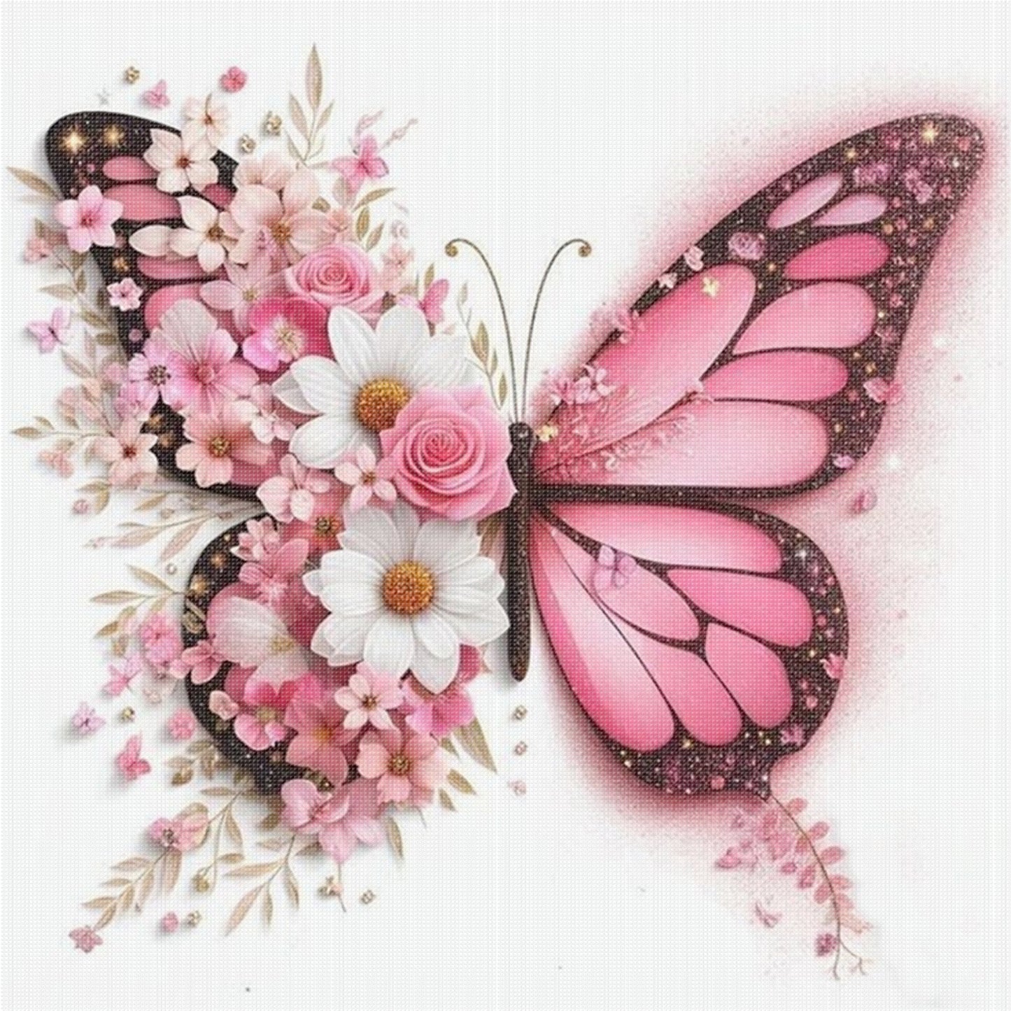Pink Flower & Butterfly - Full 11CT Stamped Cross Stitch 45x45CM - Huacan
