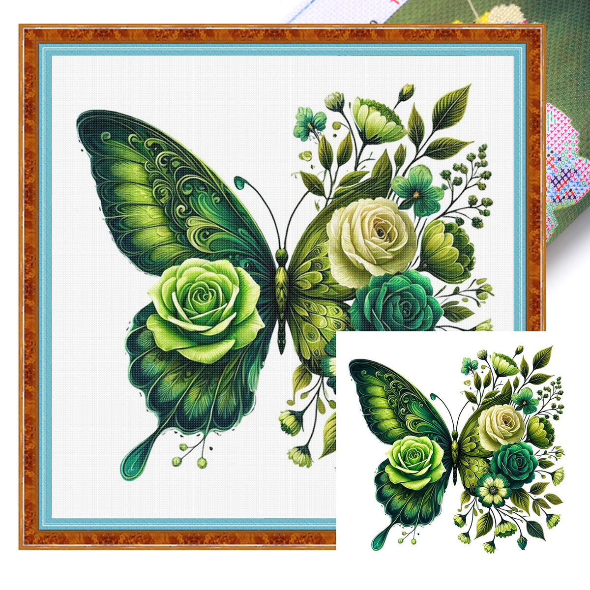 Green Flower & Butterfly - Full 11CT Stamped Cross Stitch 45x45CM - Huacan