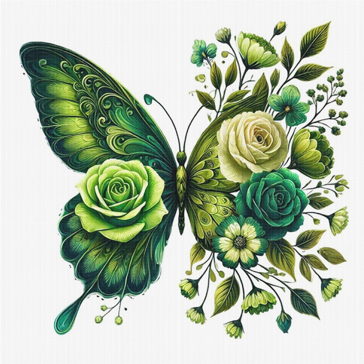 Green Flower & Butterfly - Full 11CT Stamped Cross Stitch 45x45CM - Huacan