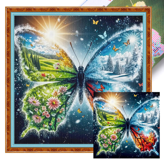 Vier-Jahreszeiten-Landschaft – Schmetterling – Vollständiges 11CT gestempeltes Kreuzstich-Set 45x45CM – Huacan