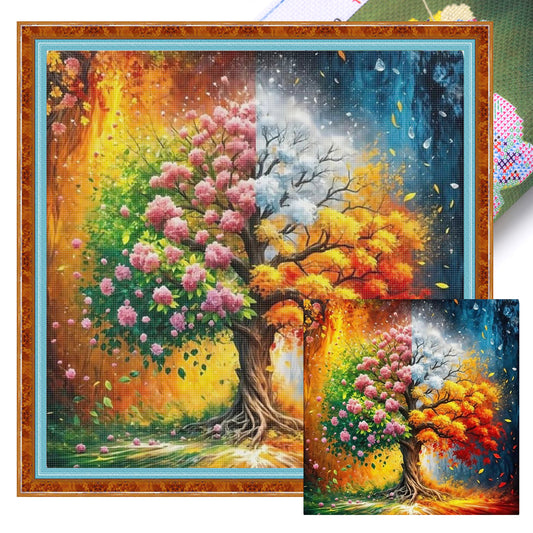 Vier-Jahreszeiten-Landschaft – Baum – Vollständiges 11CT Stempel-Kreuzstich-Set 45x45CM – Huacan