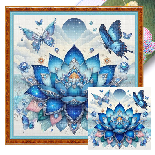 Lotus And Butterfly - Full 11CT Stamped Cross Stitch 45x45CM - Huacan