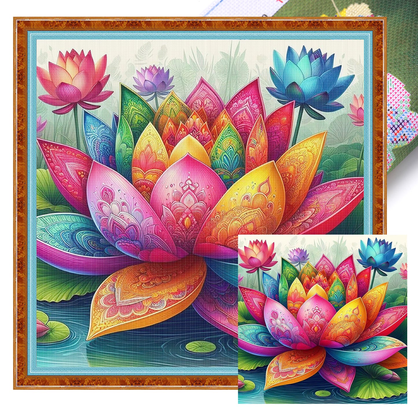 Colorful Lotus - Full 11CT Stamped Cross Stitch 45x45CM - Huacan