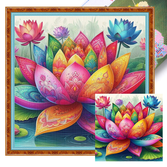 Colorful Lotus - Full 11CT Stamped Cross Stitch 45x45CM - Huacan