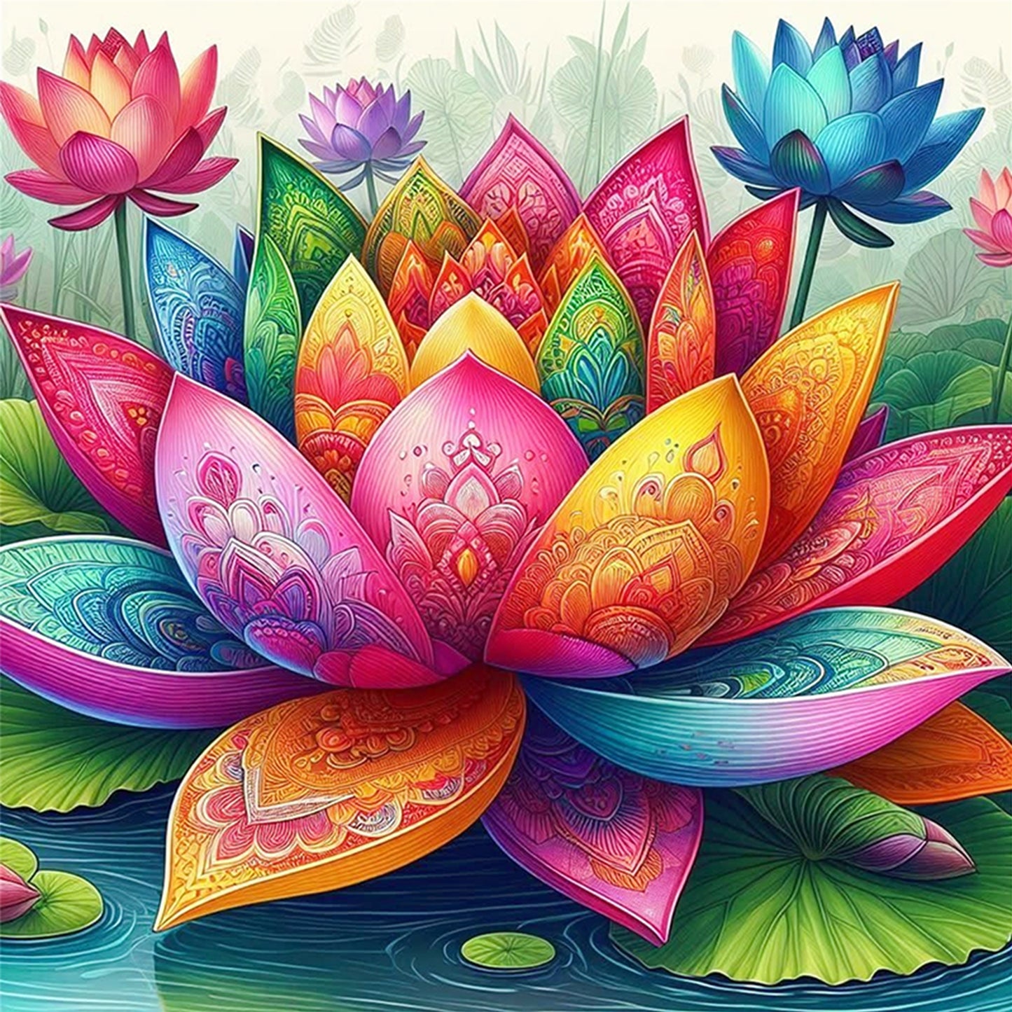 Colorful Lotus - Full 11CT Stamped Cross Stitch 45x45CM - Huacan
