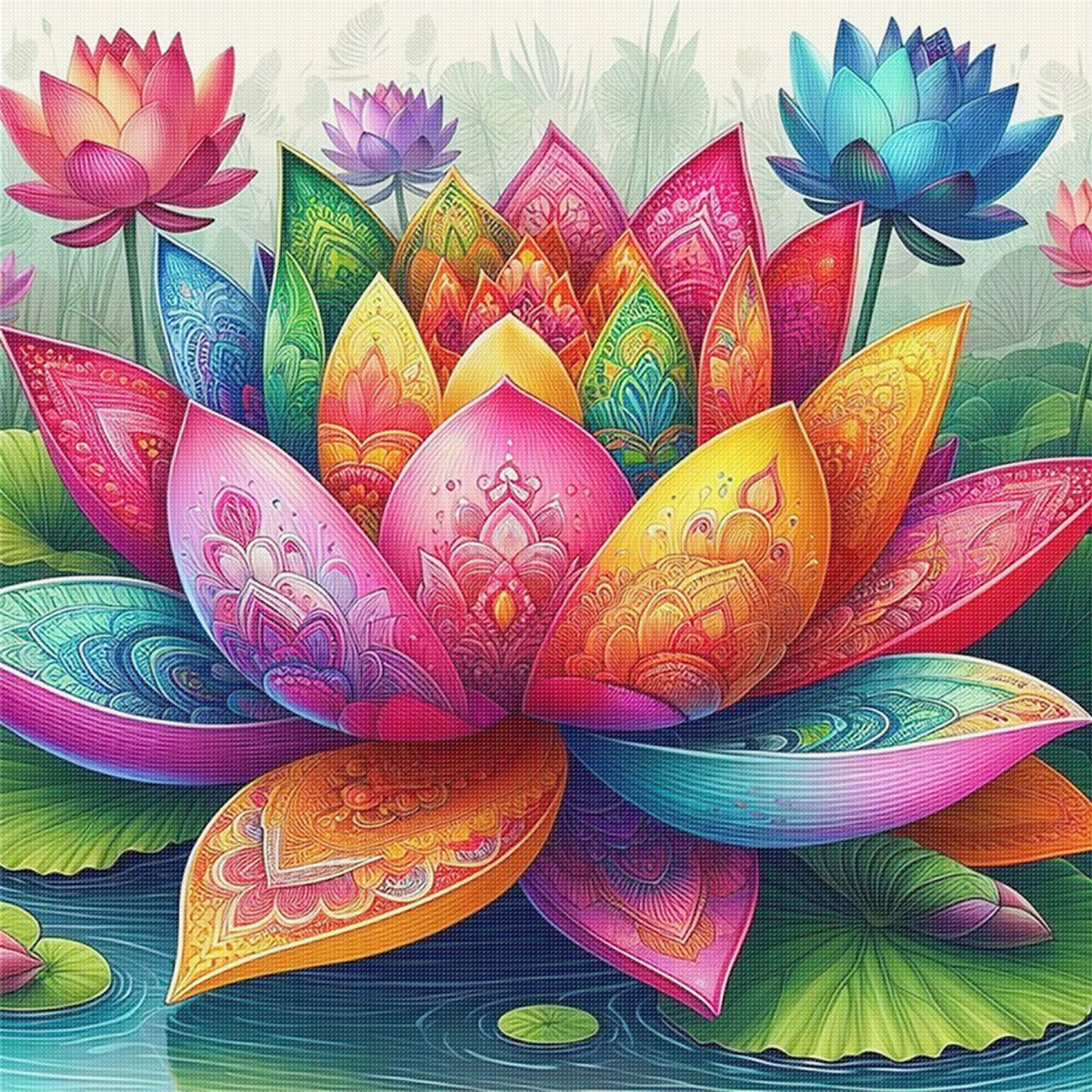 Colorful Lotus - Full 11CT Stamped Cross Stitch 45x45CM - Huacan