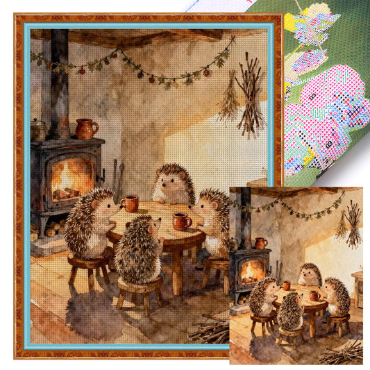 Hedgehog Family - Full 14CT Stamped Cross Stitch 45x60CM - Huacan