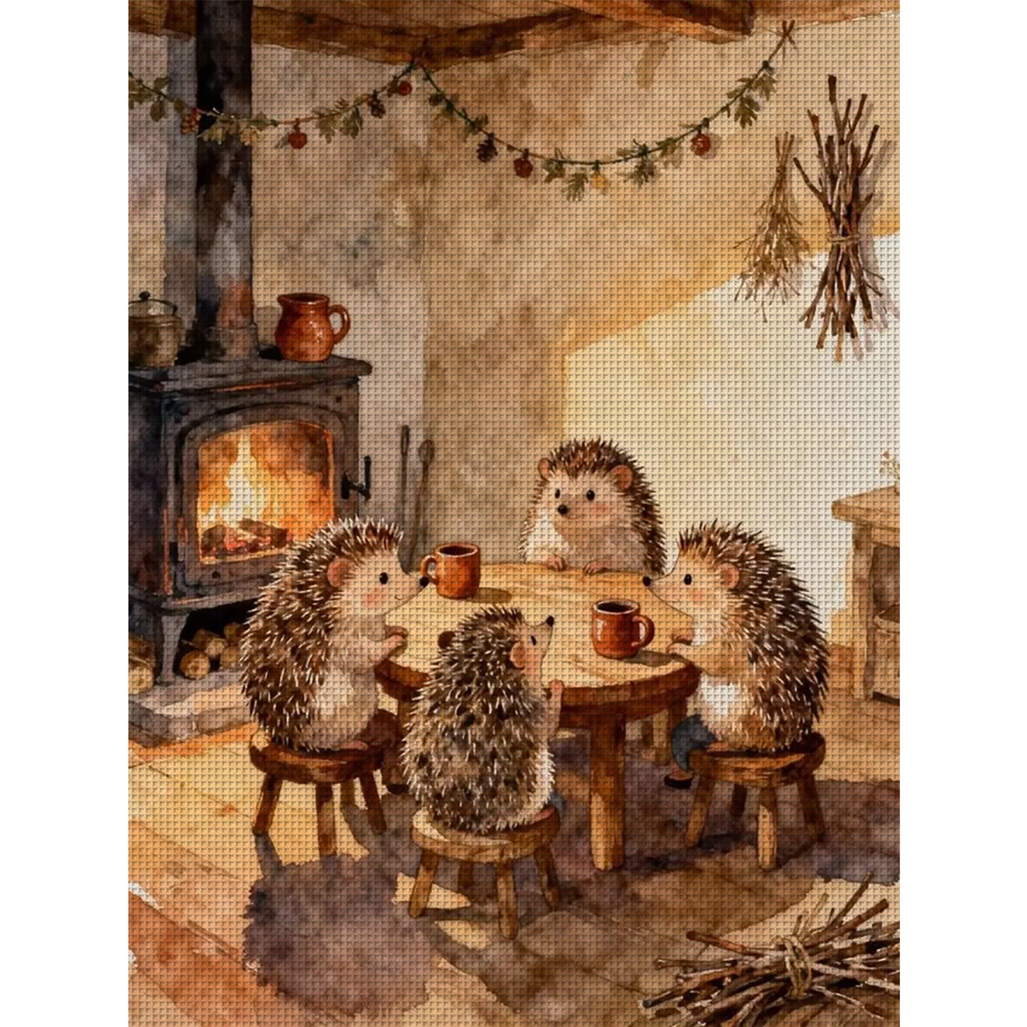 Hedgehog Family - Full 14CT Stamped Cross Stitch 45x60CM - Huacan