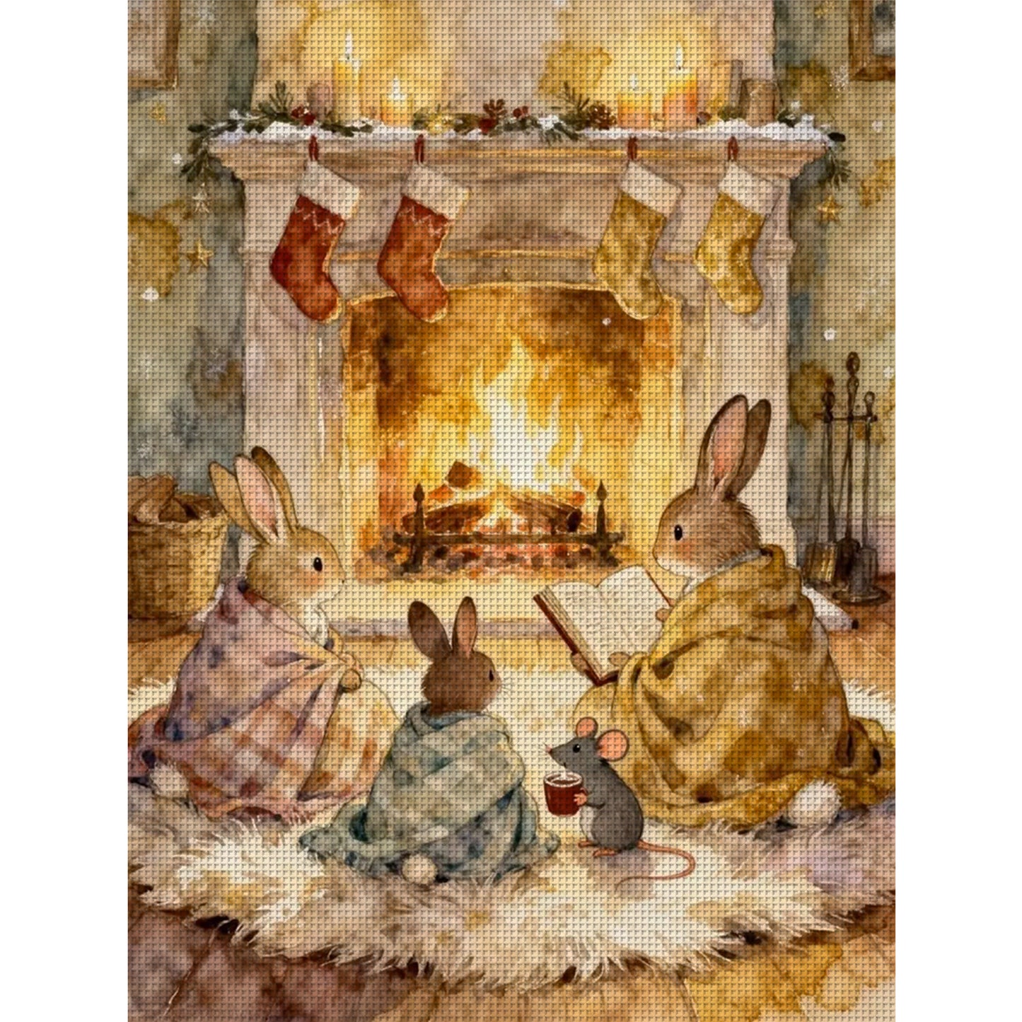 Rabbit Family - Full 14CT Stamped Cross Stitch 45x60CM - Huacan
