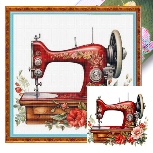 Rote florale Nähmaschine - Vollständiges 14CT gestempeltes Kreuzstich-Set 40x40CM - Huacan