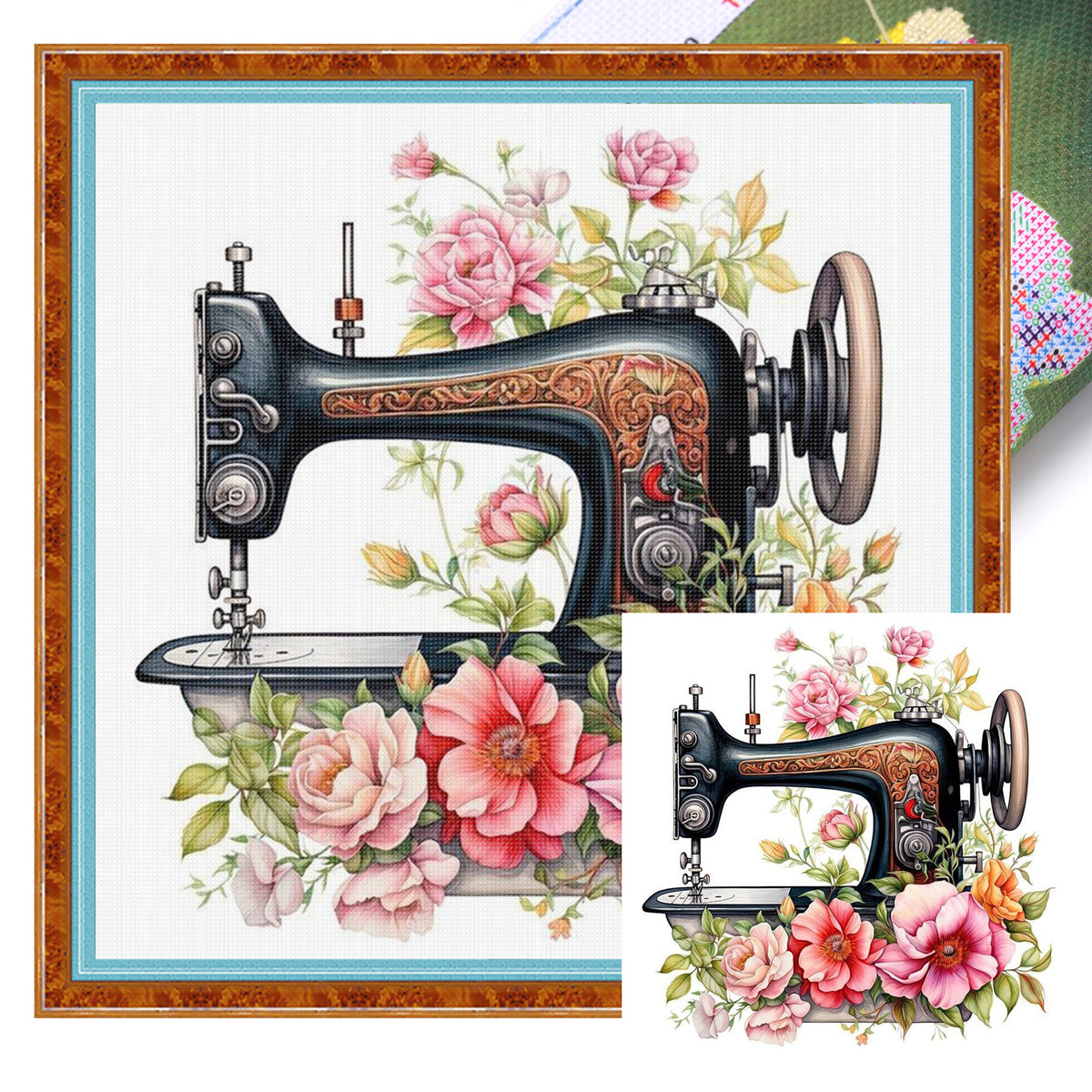 Schwarze florale Nähmaschine – Vollständiges 14CT gestempeltes Kreuzstich-Set 40x40CM – Huacan