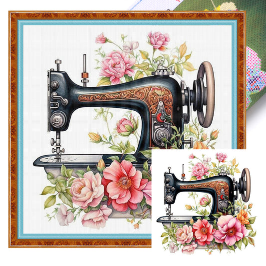 Schwarze florale Nähmaschine – Vollständiges 14CT gestempeltes Kreuzstich-Set 40x40CM – Huacan