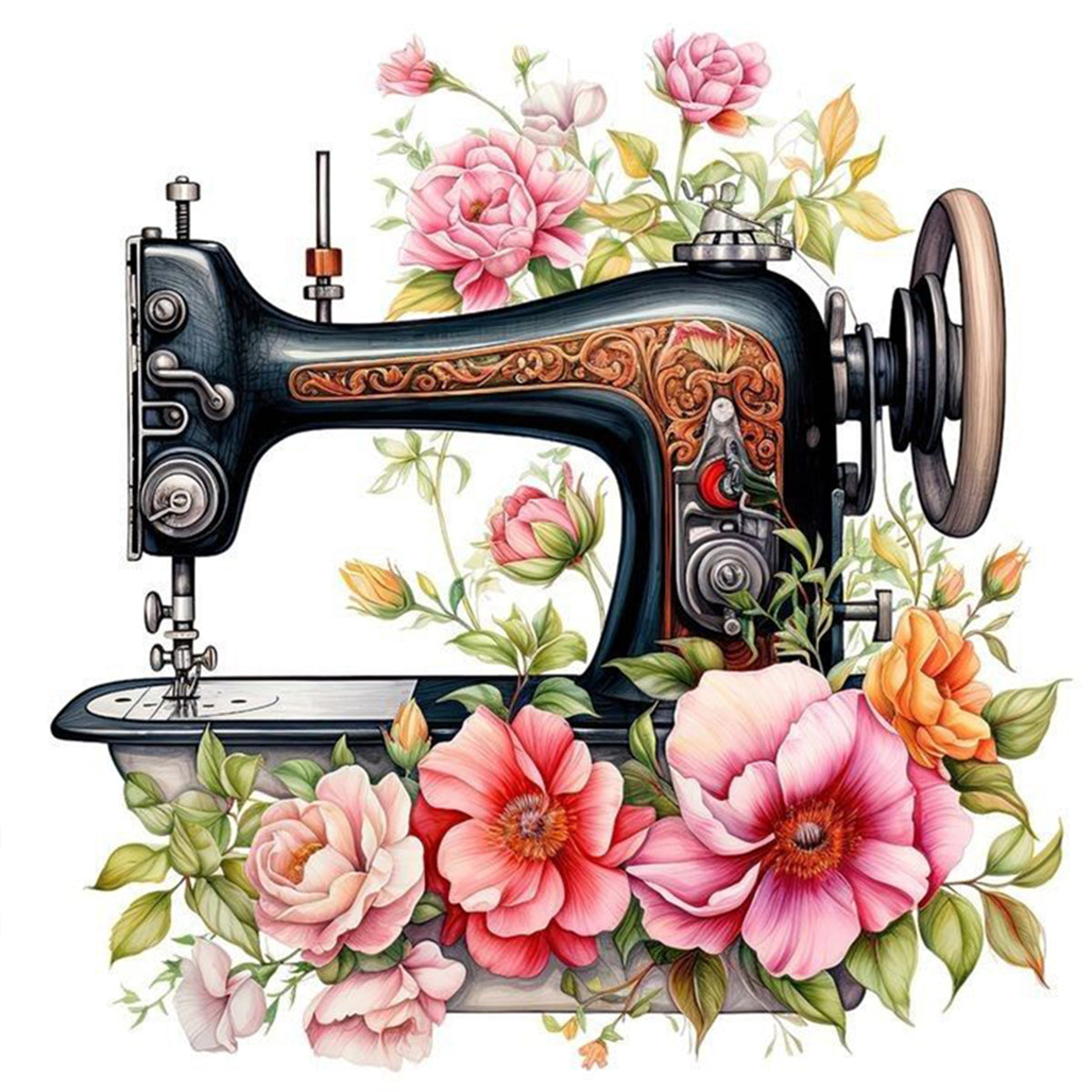 Schwarze florale Nähmaschine – Vollständiges 14CT gestempeltes Kreuzstich-Set 40x40CM – Huacan