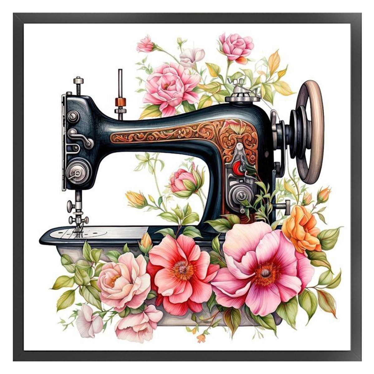 Schwarze florale Nähmaschine – Vollständiges 14CT gestempeltes Kreuzstich-Set 40x40CM – Huacan