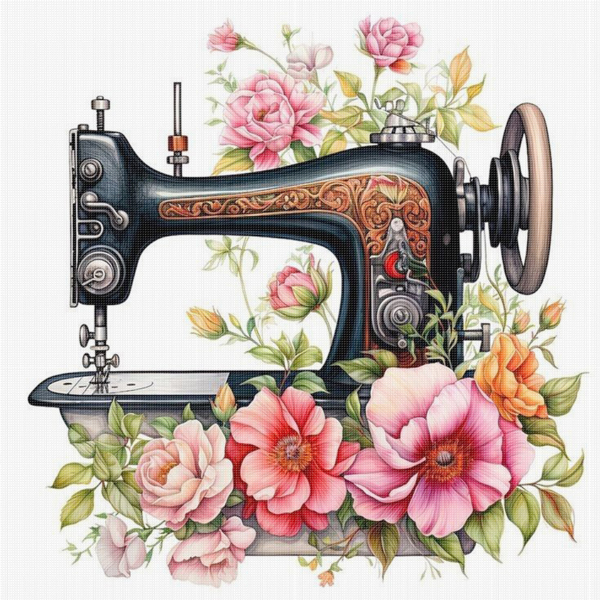 Schwarze florale Nähmaschine – Vollständiges 14CT gestempeltes Kreuzstich-Set 40x40CM – Huacan