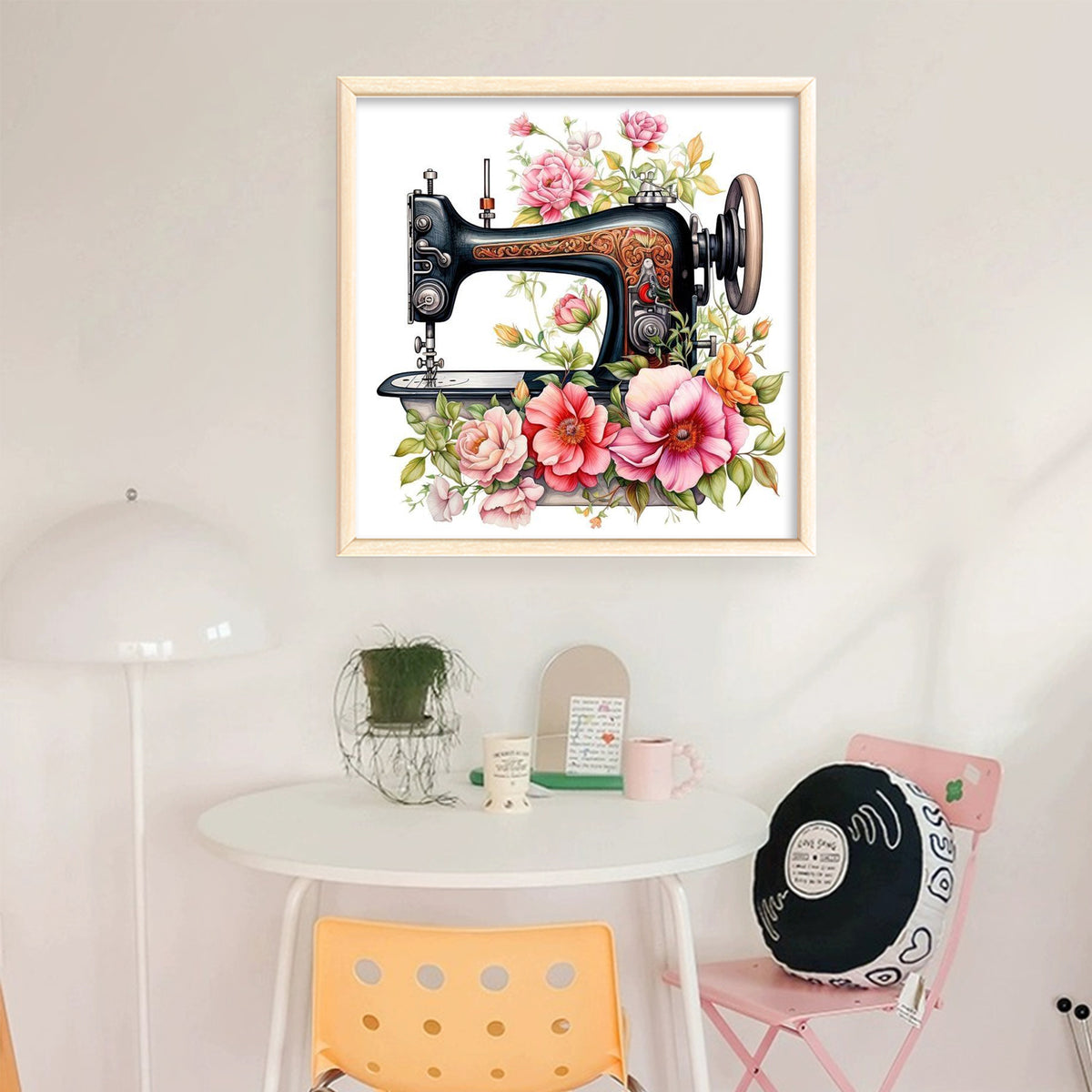 Schwarze florale Nähmaschine – Vollständiges 14CT gestempeltes Kreuzstich-Set 40x40CM – Huacan