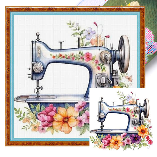 Silberne florale Nähmaschine - Vollständiges 14CT gestempeltes Kreuzstich-Set 40x40CM - Huacan
