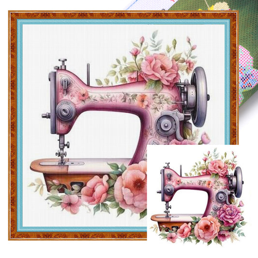 Rosa Blumen-Nähmaschine - Vollständiges 14CT gestempeltes Kreuzstich-Set 40x40CM - Huacan