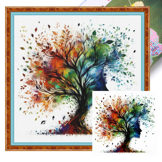 Girl With Tree Silhouette - Full 14CT Stamped Cross Stitch 45x45CM - Huacan