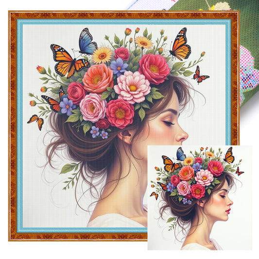 Girl And Flowers - Full 14CT Stamped Cross Stitch 45x45CM - Huacan