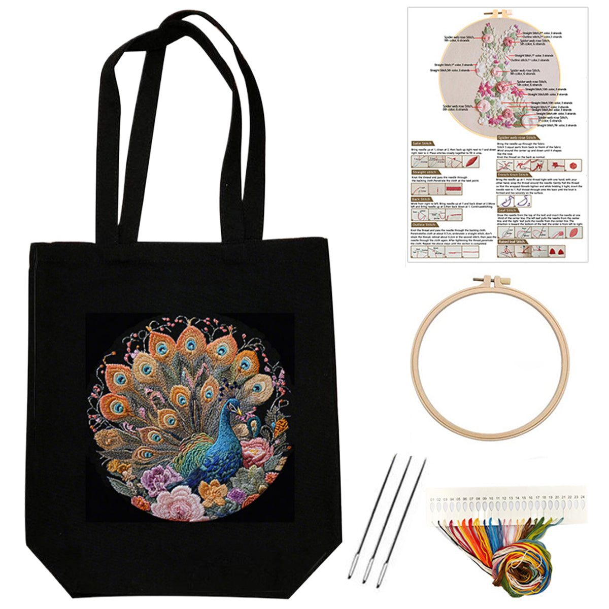 Peacock And Flowers - DIY Embroidery Cross Stitch Kit with Pattern Cotton Threads Needles Hoop 32×37CM/12.60×14.57in