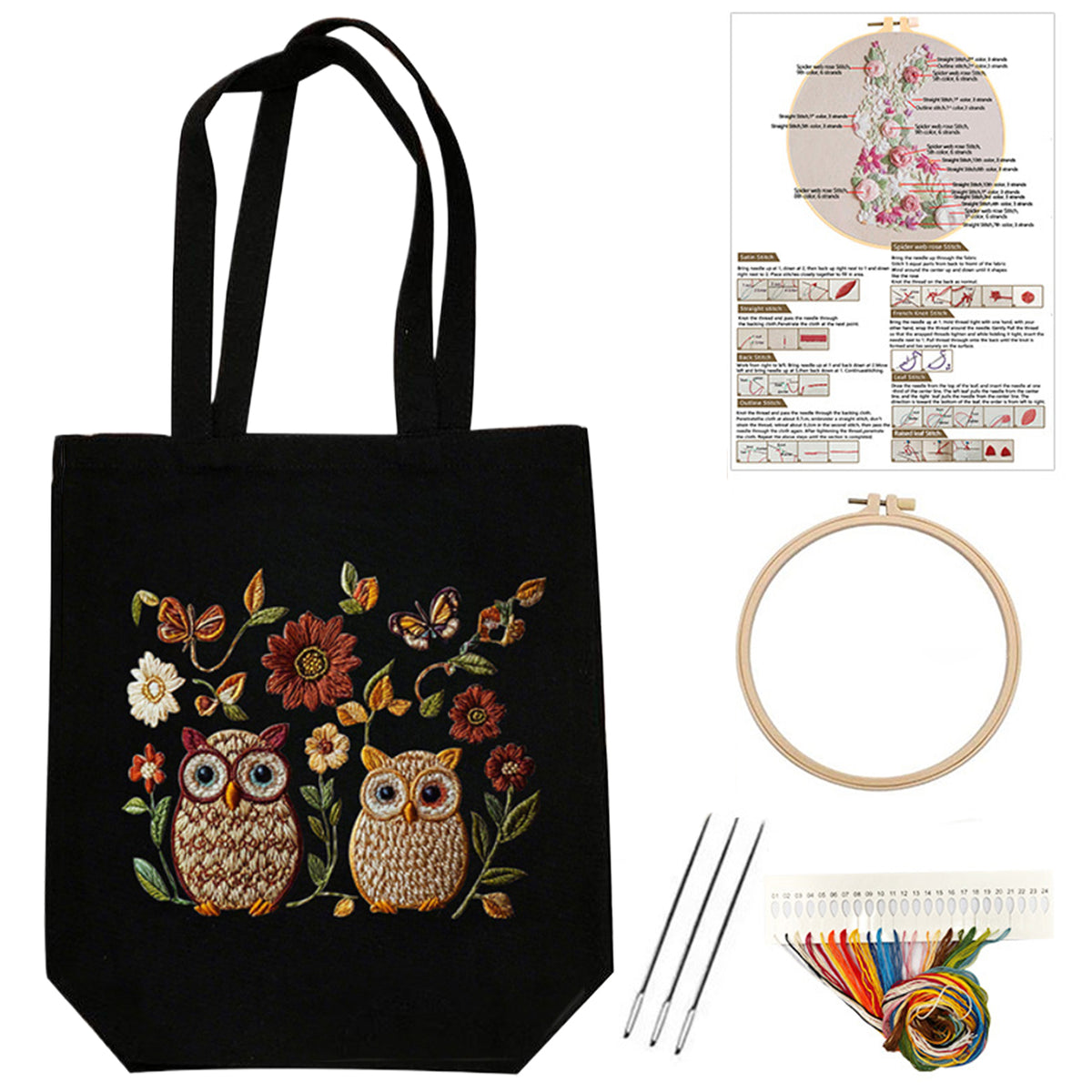 Two Owls - DIY Embroidery Cross Stitch Kit with Pattern Cotton Threads Needles Hoop 32×37CM/12.60×14.57in