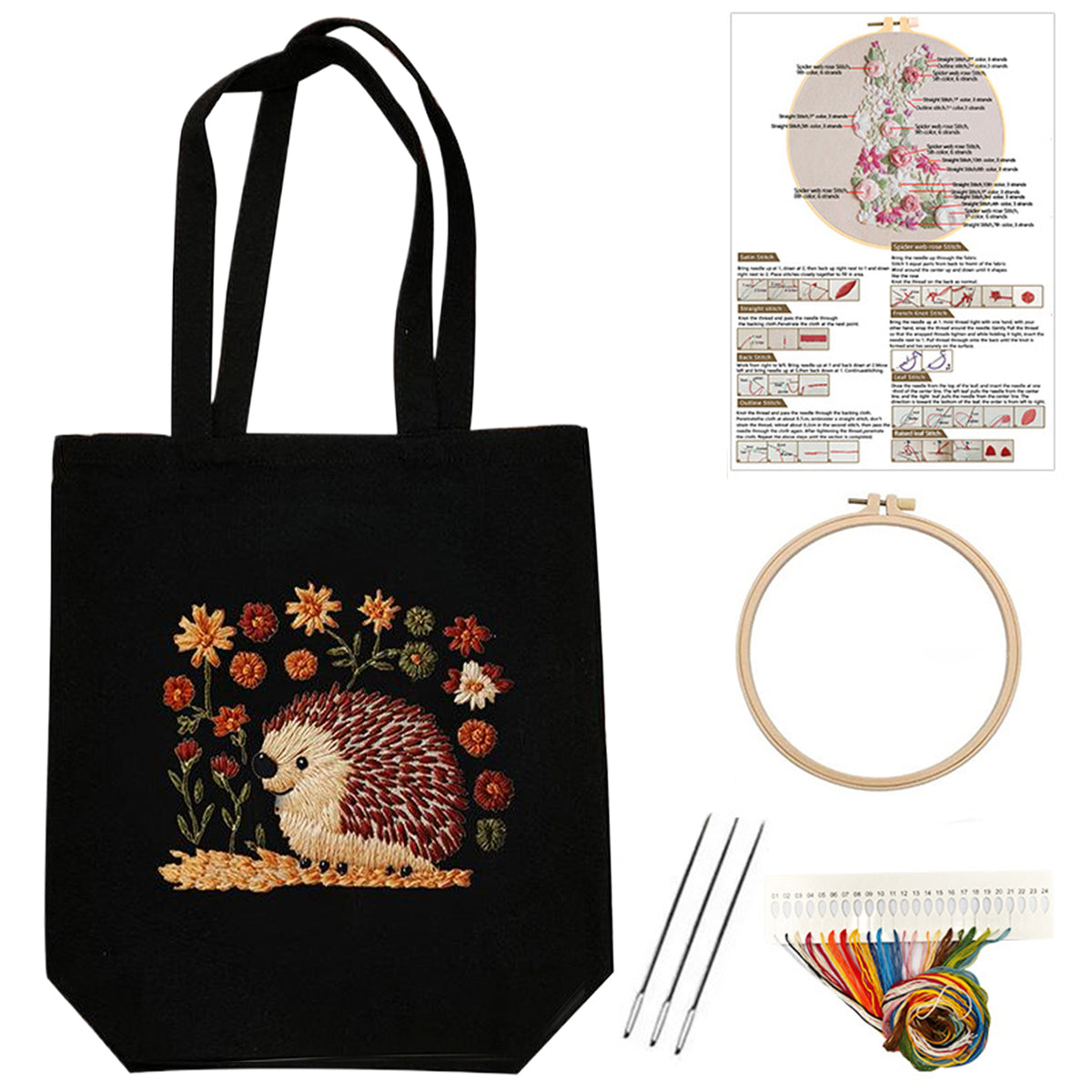 Hedgehog - DIY Embroidery Cross Stitch Kit with Pattern Cotton Threads Needles Hoop 32×37CM/12.60×14.57in