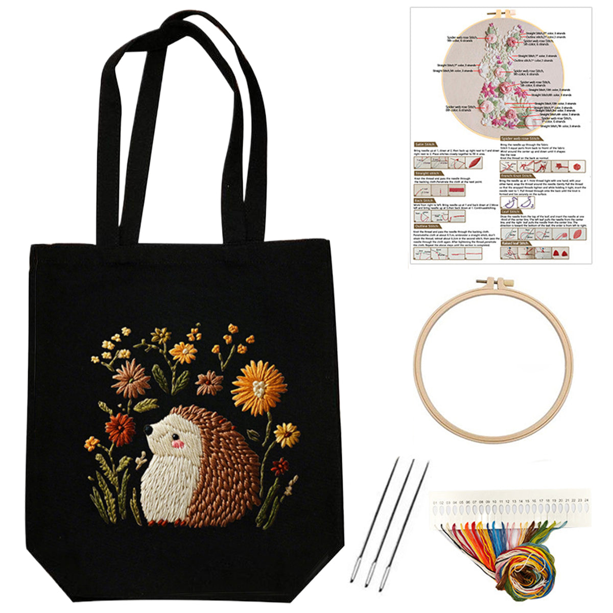 Hedgehog And Flower - DIY Embroidery Cross Stitch Kit with Pattern Cotton Threads Needles Hoop 32×37CM/12.60×14.57in