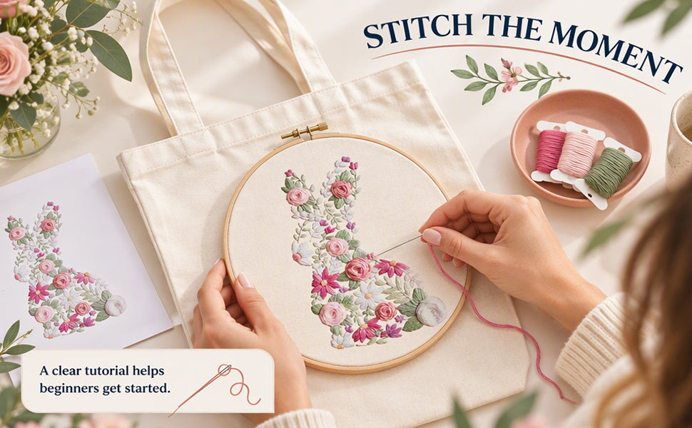 Rabbit - DIY Embroidery Cross Stitch Kit with Pattern Cotton Threads Needles Hoop 32×37CM/12.60×14.57in