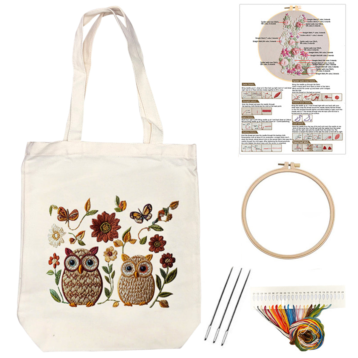 Owls And Flowers - DIY Embroidery Cross Stitch Kit with Pattern Cotton Threads Needles Hoop 32×37CM/12.60×14.57in
