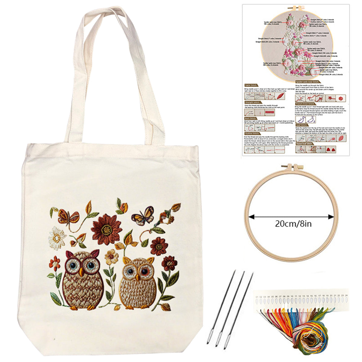 Owls And Flowers - DIY Embroidery Cross Stitch Kit with Pattern Cotton Threads Needles Hoop 32×37CM/12.60×14.57in