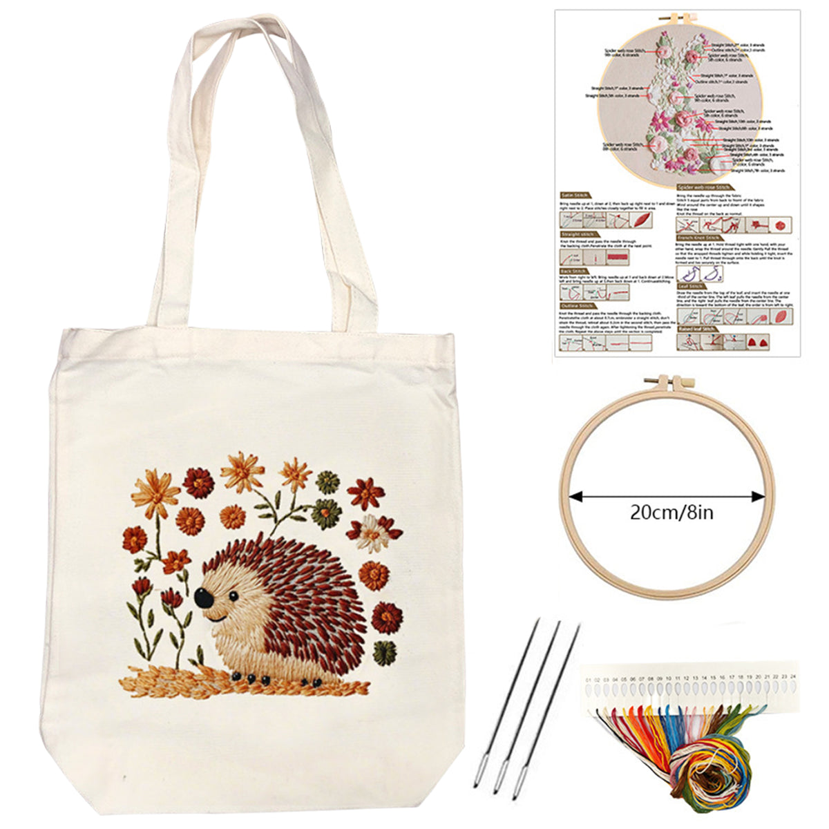 Hedgehog And Flower - DIY Embroidery Cross Stitch Kit with Pattern Cotton Threads Needles Hoop 32×37CM/12.60×14.57in