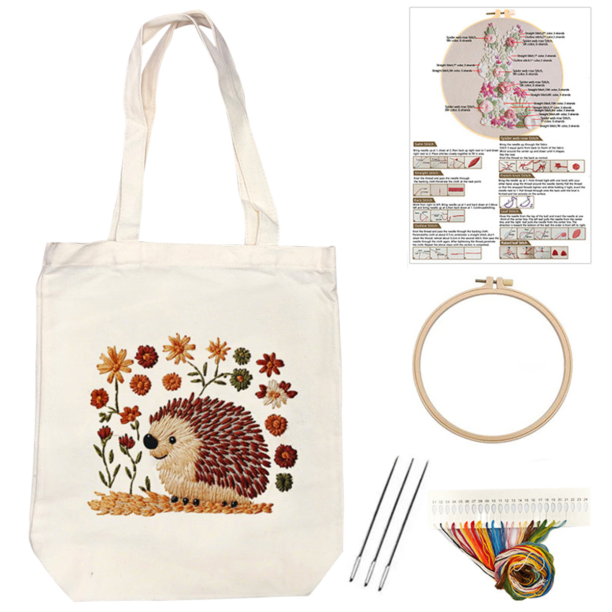 Hedgehog And Flower - DIY Embroidery Cross Stitch Kit with Pattern Cotton Threads Needles Hoop 32×37CM/12.60×14.57in